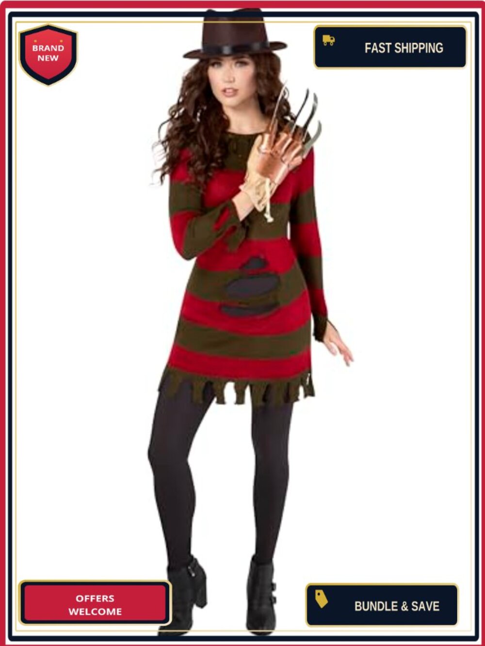 Freddy Krueger Costume Sweater Dress Glove Hat Adult Women